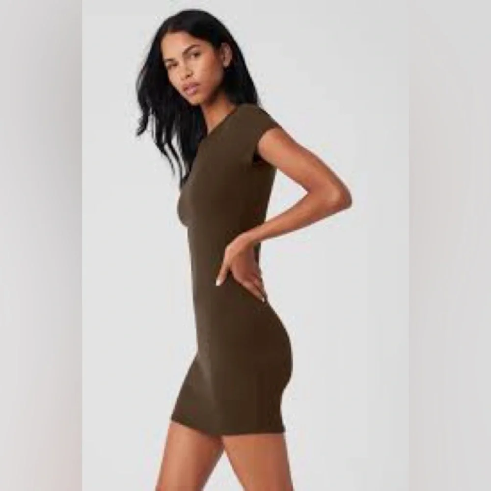 ALO GODDESS RIBBED brown SHORT SLEEVE DRESS